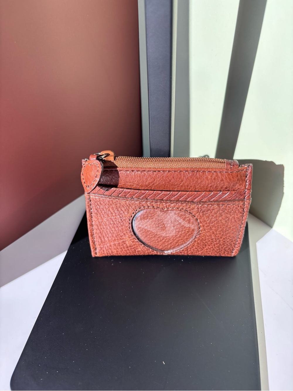 BRIGHTON Brown Leather Vintage Zip Card Wallet with Heart Accent